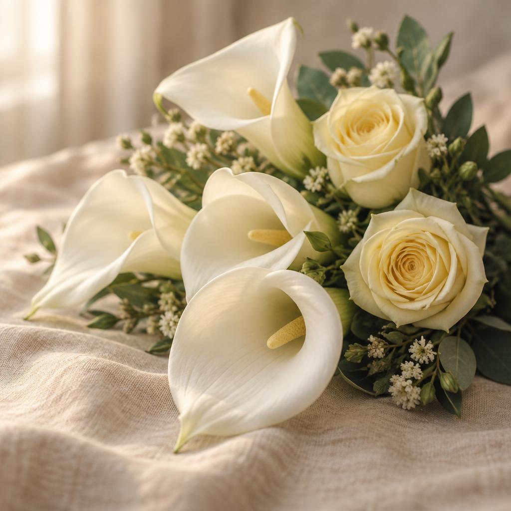 White calla lilies resting on cream linen in soft daylight